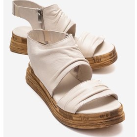 Resim Luvishoes Lunas Krem Hakiki Deri Yandan Fermuarlı Kadın Sandalet Krem 