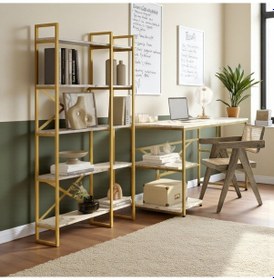 Resim Robin Home Gold Çalışma Masası Ve Gold Kitaplık Metal Ayaklı 2'li Set Mermer 