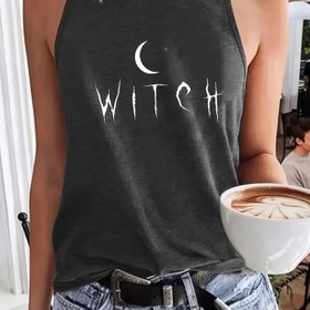 Resim Kadınlar için Günlük Kolsuz Tank Top - Yazlık Geometrik Baskılı Yuvarlak Yaka Koyu Gri Gömlek, Makinede Yıkanabilir Opak Konforlu Kesim, Ay Desenli, Kadın Tank Üstleri 