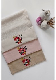 Resim 3'lü Mantar Baskılı Karışık Renkli Misafir Havlu Takımı - Bambu El & Yüz & Mutfak Havlusu - 30x50 Cm Krem Krem 