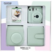 Resim Instax mini 12 Yeşil Fotoğraf Makinesi 10'lu Film Kare Albüm ve Deri Kılıf Bundle Box 
