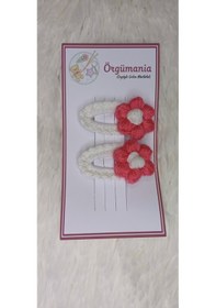 Resim Amigurumi Toka - Çıtçıtlı El Örgüsü Toka 1 Çift Beyaz - Pembe 
