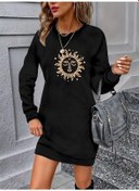 Resim Kadın Uzun Kollu Bisiklet Yaka Güneş Desenli Viskon Iki Iplik Elbise Siyah 