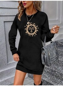 Resim Kadın Uzun Kollu Bisiklet Yaka Güneş Desenli Viskon Iki Iplik Elbise Siyah 