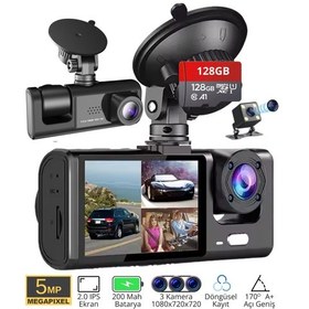 Resim Cc-33 Full Hd 3 Kameralı Araç İçi Güvenlik Kamerası 128gb Ir Gece Görüşü, Ön-arka-iç Kayıt,dashcam 