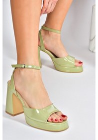 Resim Fox Shoes Yeşil Rugan Kalın Platform Topuklu Kadın Ayakkabı M5703 