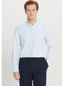 Resim Altınyıldız Classıcs Erkek Acık Mavı Pamuklu Tailored Slim Fit Dar Kesim Düğmeli Yaka Armürlü Gömlek 