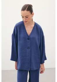 Resim Sateen Düğmeli Kimono - İndigo-136358 İndigo 