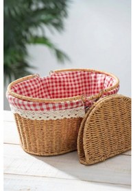 Resim Digithome Kapaklı Rattan Vintage Dantelli Oval Piknik Sepeti -9t13 U/5 Kahverengi 