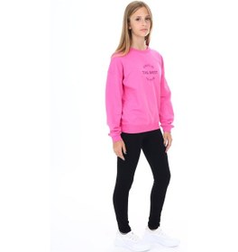 Resim Toontoy Kids Toontoy Kız Çocuk 2'li Takım Baskılı Bisiklet Yaka Düşük Omuz Sweatshirt & Basic Düz Tayt Fuşya 