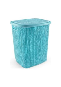 Resim Kirli Çamaşır Sepeti Kapaklı 65 Lt Örgü Desenli Plastik Çamaşır Sepeti Banyo Sepeti - Turkuaz 