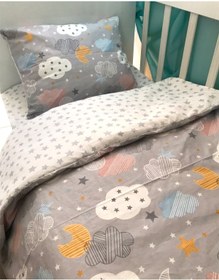 Resim Pamuklu Çocuk Montessori Yastık Çarşaf Yorgan Seti Gri Ay Bulut 90x190 