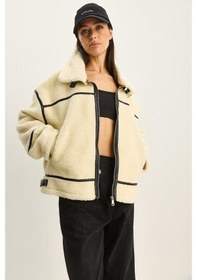 Resim Shade Kadın Suni Deri Biye Detaylı Cepli Teddy Biker Ceket 2370 60281126 - Bej 