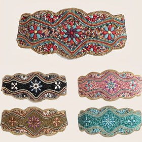 Resim Boho El Yapımı Boncuklu Bel Bandı Şık Elastik Geniş Kemerler Kadınlar için Klasik Elbise Ceket Kuşak 