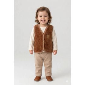Resim HaanBebe Unisex Bebek Ayıcık Detaylı Polar Pelüş Yelek (3 Renk Seçeneği) Kahverengi/ekru/pembe 