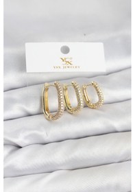 Resim Pirinç Gold Renk Zirkon Taşlı Halka Model Ysx Trio Küpe Seti Renkli 