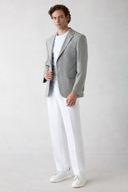 Resim Açık Füme 4 Drop Relaxed Fit Rahat Kesim Mono Yaka Desenli Klasik Keten Karışımlı Ceket - Relaxed Fit / Açık Füme / 50 