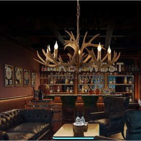 Resim Zoye Ahşap 5'li Geyik Boynuzu Desenli Modern Kafe Restoran. Salon Avize Ahşap 