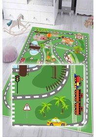 Resim Dijital Baskılı Dekoratif Kaymaz Taban Yıkanabilir Trafik Parkı Temalı Modern Çocuk Halısı Yeşil 