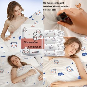 Resim Seyahat Temelleri Tek Kullanımlık Nevresim Takımı - Modern Hafif Polyester Karışımı, Dokunmamış Kumaş, Karikatür Desenli Keseler, Otel ve Seyahate Hazır Dikdörtgen Çarşaf, Nevresim ve Yastık Kılıfı Seti 