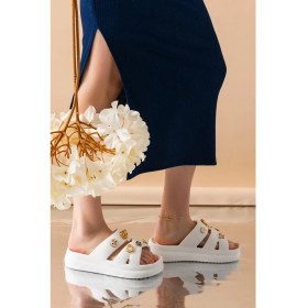 Resim GOLDER Kadın Eva Taşlı Kaymaz Taban Plaj Deniz Havuz Banyo Ev Terliği Beyaz Ergonomik Tasarım 