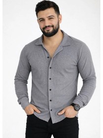 Resim Barlashive Erkek Waffle Kumaş Uzun Kollu Düğmeli Açık Yaka Regular Fit Gömlek - Füme Çok Renkli 