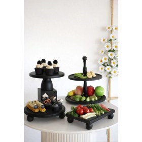 Resim Justwood Siyah 4lü 2 Katlı Kek Standı, 25 cm Pastalık, 25 cm Risus, 17X25 Risus Ahşap Çeyiz Seti 