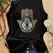 Resim Kabile Gözü ve Avuç İzi Desenli Moda Yelek Üst, Yuvarlak Yaka Kolsuz Spor Yelek T-Shirt, Kadın Spor Giyim 