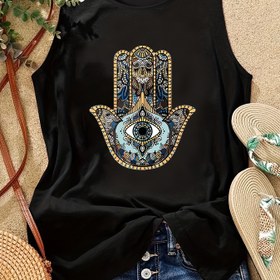 Resim Kabile Gözü ve Avuç İzi Desenli Moda Yelek Üst, Yuvarlak Yaka Kolsuz Spor Yelek T-Shirt, Kadın Spor Giyim 