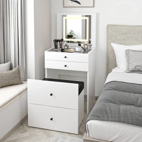 Resim Luna Gizli Puflu Led Aynalı Makyaj Masası - Beyaz Beyaz 