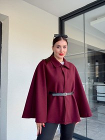 Resim Yakalı kemerli panço bordo - STD 