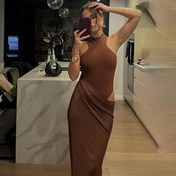 Resim Kadınlar için şık siyah kolsuz bodycon maxi elbise - Seksi yuvarlak yaka, yüksek düşük etek, esnek polyester karışımı, yaz partileri ve resmi etkinlikler için mükemmel, resmi akşam giyimi | Yüksek düşük etek elbise | Esnek kumaş 
