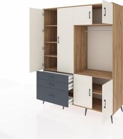 Resim Kronos Gardrop 7 Raflı 3 Çekmeceli Tek Askılı 176x59x221 Çam-aytaşı/antrasit Aytaşı/antrasit 