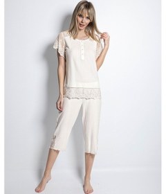 Resim Monamise Kadın Önü Düğmeli Brode Dantelli Kapri Takımı Ekru 