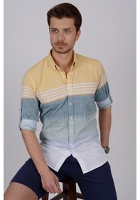 Resim Panolu Sarı Yeşil Slimfit Keten Erkek Gömlek Sarı 