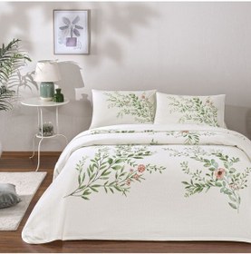 Resim Taç Çift Kişilik %100 Pamuklu Pike Takımı Bloomy Yeşil Yeşil 