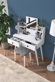 Resim Rani Mobilya Rani Bj102 Makyaj Masası 2 Çekmeceli Raflı Aynalı Takı Düzenleyici + Tabure Takım Beyaz 