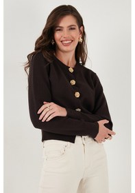 Resim Lela Premium Regular Fit Yuvarlak Yaka Crop Triko Bayan Hırka 680Hi00110 Kahve 