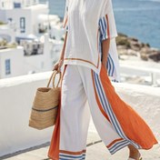 Resim Kadınlar için Rahat İki Parça Plaj Örtüsü Üst ve Pantolon Seti - Beyaz, Mavi ve Turuncu Çizgilerle, Bol Kesim, Polyester, Bahar/Yaz Tatili için Mükemmel, Günlük Kıyafet|Çizgili Desen|Polyester Kumaş 