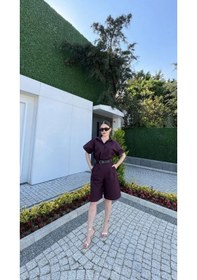 Resim Yakalı Gömlek Kemerli Şortlu Takım - Bordo Bordo 