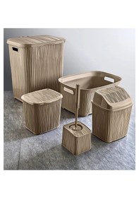 Resim Dalgalı 5 Parça Banyo Seti Kirli Çamaşır Sepeti Deterjanlık Çöp Kovası Temiz Çamaşır Sepeti Çeyizlik Bej Bej 