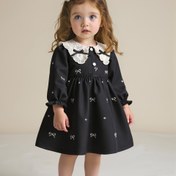 Resim İlkbahar/Sonbahar "Yeni Gelen" Kızlar Yuvarlak Yaka Uzun Kollu Diz Boyunlu Fiyonk Elbise, Sevimli & Şık Çocuk Giyimi - Günlük veya Özel Etkinlikler için 