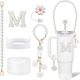 Resim 7 adet 30oz/40oz Bardaklar için Tumbler Aksesuar Seti, Çinko Alaşımlı ve Silikon, İnci Sap Askısı, İlk Sticker, Çiçek Pipet Üstü, Kapak ve Şans, Sevgililer Günü, Kadınlar Günü, Şükran Günü, Noel, Yeni Yıl Hediyesi için İdeal 