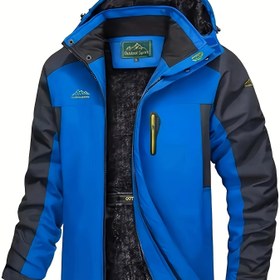 Resim Erkekler için Dayanıklı İzole Kış Kapüşonlu Ceket - Kalın Polar Kaplı, Fermuarlı Dış Mekan Spor Ceketi, Kayak, Yürüyüş ve Günlük Giyim İçin, Mavi Renkli Siyah Detaylı ve Logo Detaylı 