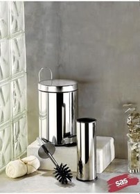 Resim 3Lt Krom 2'Li Banyo Seti Pedallı Çöp Kovası Wc Klozet Tuvalet Fırça Seti Banyo Çöp Kovası 