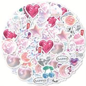 Resim 46 Parça Sweetheart Shop Graffiti Çıkartmaları - Kalpler, Yıldızlar, Kurdeleler ve Aşk Sözleriyle Su Geçirmez PVC Yeniden Kullanılabilir Dekorasyonlar - Günlükler, Laptoplar, Su Şişeleri, Bavullar için Pastel Renkli Karışık Desenler, Duvar Stickerları, Yüksek Kaliteli Vinil Yapışkan Süslemeler, El İşi Tutkunları İçin Sevimli Scrapbook Dekoru 