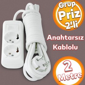 Resim Badem10 Kablolu 2'li Topraklı Grup Priz Fiş Çoğaltıcı 2 Metre Çoklu Asmalı Uzatma Kablosu Anahtarsız 