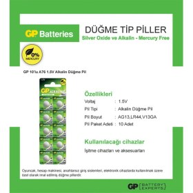 Resim GP GPA76-2C10 LR44 AG13 Alkalin Düğme Pil 10'lu Paket 