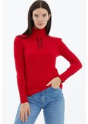 Resim Tam Balıkçı Yaka Düğmeli Triko Kazak - Kırmızı 