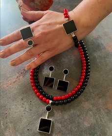 Resim 925 Ayar Gümüş Onix Mercan Set 